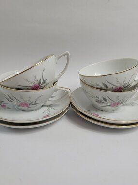 FOUR Fine China of Japan Golden Rose Cup and Saucer Sets Pink Roses Gray Leaves